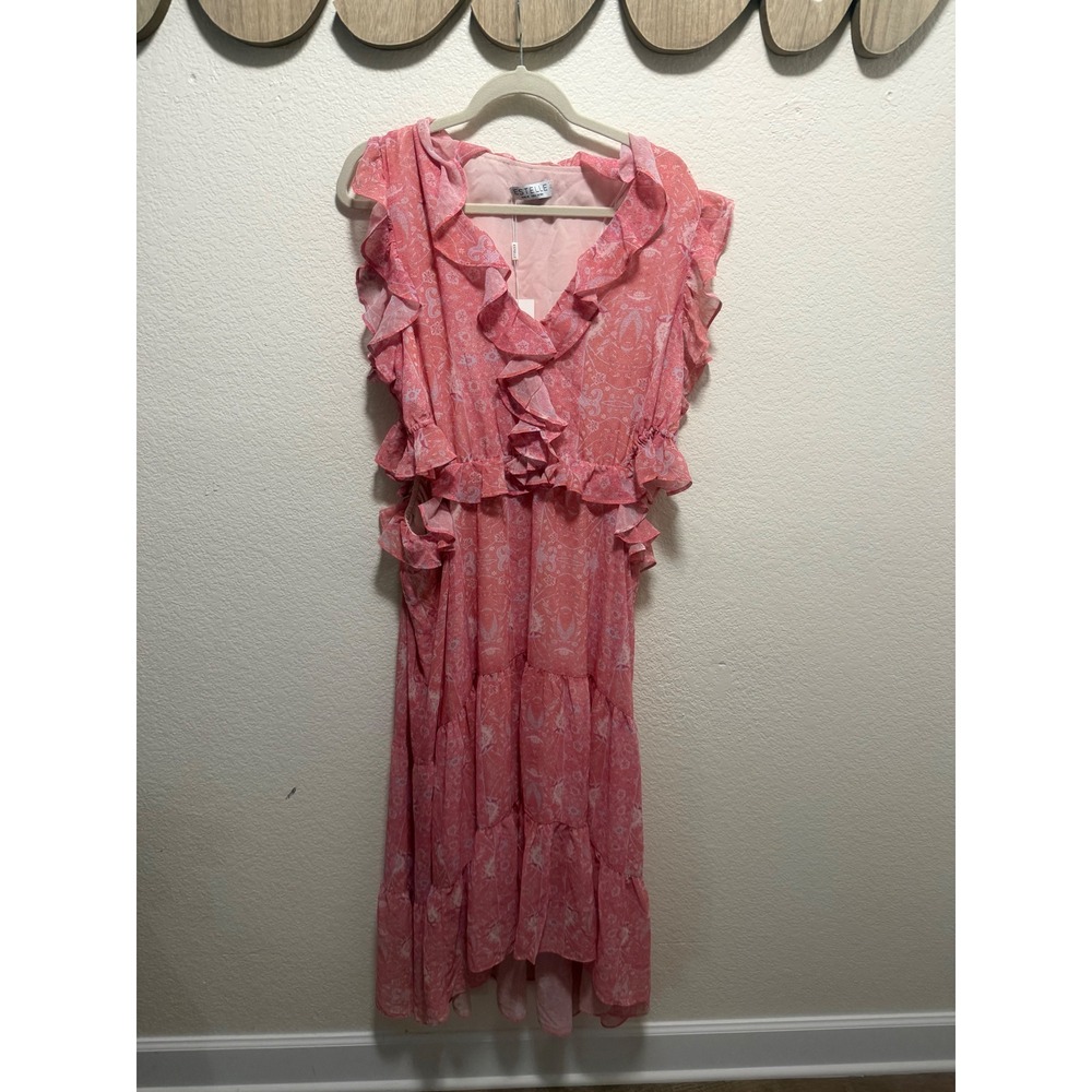 Estelle Pink Paisley Ruffle Midi Dress Womens Plus 1X 16W Tiered V-Neck